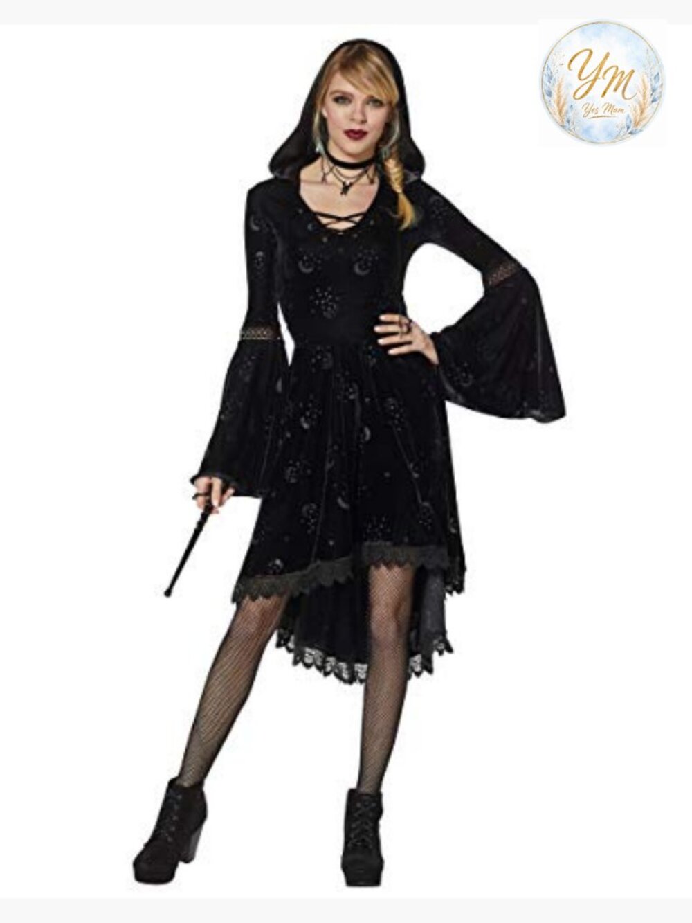Witch Fantasy Hooded Velvet Dress with Hood for Halloween - Picture 2 of 3